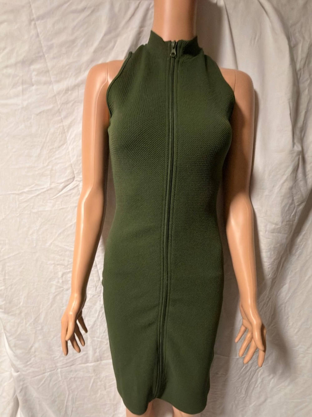 Heart & Hips Olive Green Textured Zip Front Mock Neck Bodycon Dress Sz S
